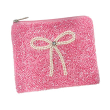Load image into Gallery viewer, Small pink beaded pouch featuring intricate beadwork and decorative bow