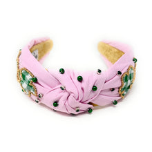 Load image into Gallery viewer, Pink headband with green beads on a white background