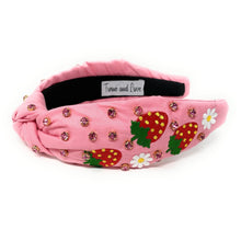 Load image into Gallery viewer, Fashion portrait featuring a playful strawberry-themed headband paired with bold red beaded fruit drop earrings.