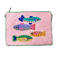 Load image into Gallery viewer, Pink sequined beaded pouch featuring colorful fish motifs and playful hand-embroidered ocean-inspired details.