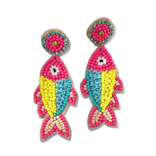 Load image into Gallery viewer, ibrant fish-shaped statement earrings featuring turquoise, royal blue, and hot pink beadwork with playful dangling pink sequins.