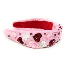 Load image into Gallery viewer, VALENTINEs day sequin hearts Headband, Hearts Headbands for Women, red hearts Knot Headband, Hearts Knot Headbands, Valentines Day Knotted Headband, knotted headband, birthday gift for her, headbands for women, best selling items, knotted headbands, pink hair accessories, pink knot headband, valentine’s day headband, valentines headband, valentine’s day gifts, Pink sequin headband, red hearts headband, red headband, hearts headband, heart headband for women and girls, red knotted headband