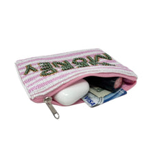 Load image into Gallery viewer, Small beaded purse with weed money phrase on striped background