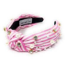 Load image into Gallery viewer, Pink and white striped headband with pearls and crystals on a white background
