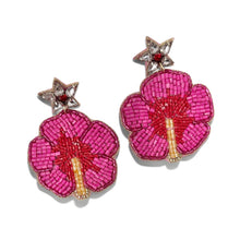Load image into Gallery viewer, A pair of beaded flower earrings featuring bright pink petals, red centers, and gold accents, with silver star-shaped posts and small red gemstones, shown on a plain white background.