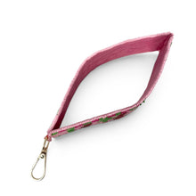 Load image into Gallery viewer, Side view of a handcrafted cherry beaded wristlet keychain with a pink background, green checker border, and gold-tone lobster clasp.