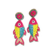 Load image into Gallery viewer, ibrant fish-shaped statement earrings featuring turquoise, royal blue, and hot pink beadwork with playful dangling pink sequins.
