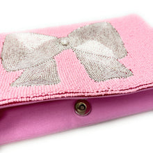 Load image into Gallery viewer, pink beaded clutch purse, pink bead purse, beaded bag, bow handbag, beaded bag, bow seed bead clutch, birthday gift for her, clutch bag, seed bead purse, engagement gift, party clutches, pink purse, gifts to bride, wedding gift, evening bags, cancer awareness beaded clutch purse, birthday gift for her, summer clutch, silver bow clutch purse, beaded bag, summer bag, boho purse, bow beaded clutch purse, unique bags, best selling items, handmade gifts, handmade bag purse, silver bow purse, custom purse
