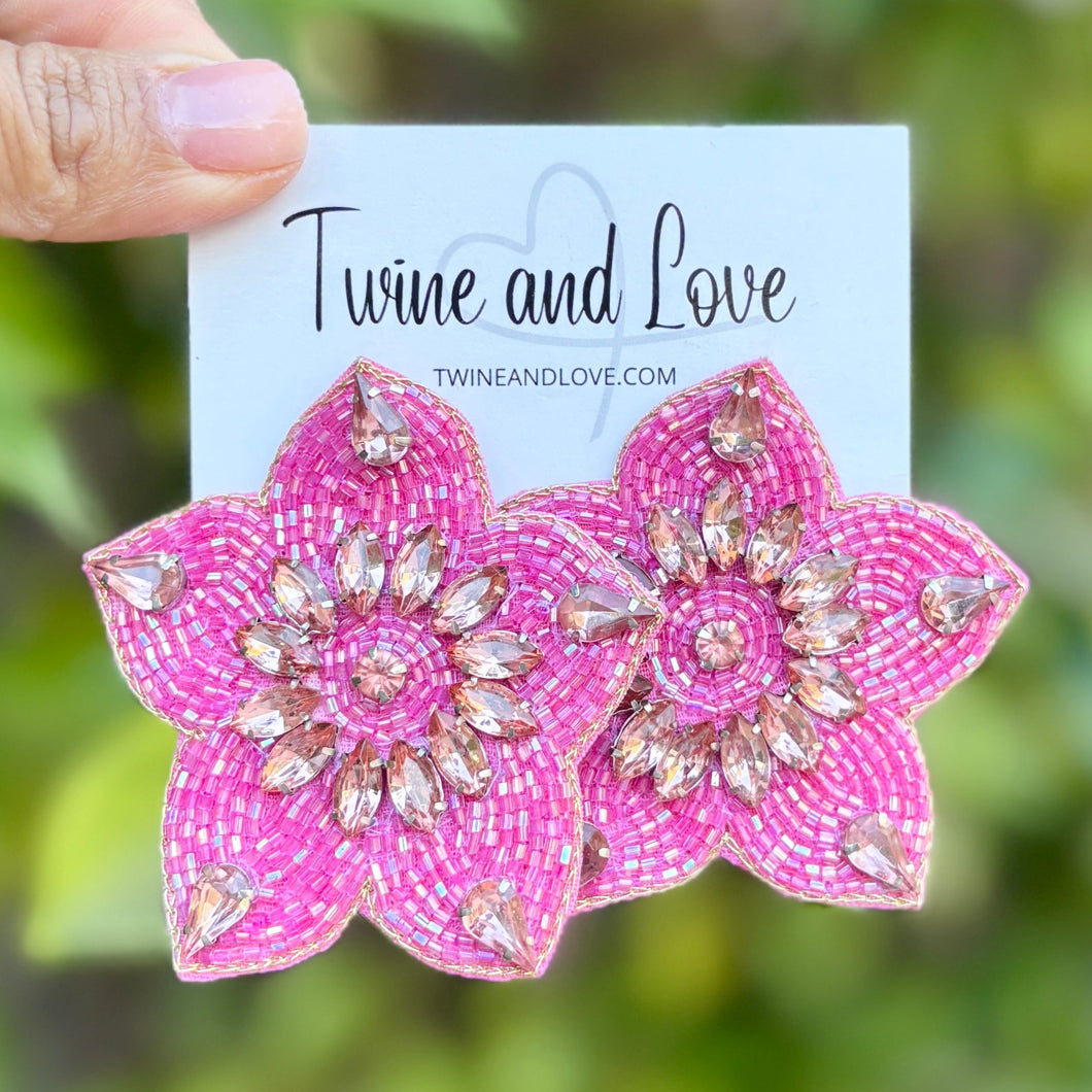 custom beaded Earrings, jeweled Earrings, pink Beaded Earrings, pink earrings, pink jeweled earrings, handmade earrings, custom earrings, resort accessories, fancy accessories, floral embellished earrings, custom earrings, best friend gifts, birthday gifts, bohemian earrings, luxurious handmade accessories, party earrings, Fancy earrings, boho earrings, beaded earrings, pink embellished earrings, Fancy jeweled earrings, pink floral earrings, statement earrings, best selling items

