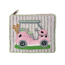 Load image into Gallery viewer, Pink golf cart hand-beaded pouch with gold golf clubs and white beaded background by Twine and Love.