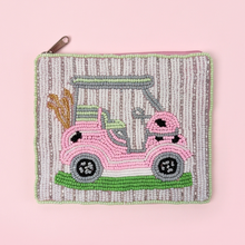 Load image into Gallery viewer,  Small pink golf cart zipper pouch showing its detailed beaded design and compact size.