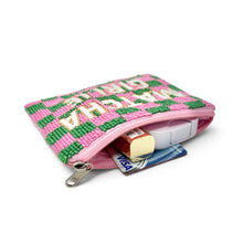 Load image into Gallery viewer, A pink and green checkered zipper wallet with 'Matcha Girlie' in white beads, shown open with cards and a small bottle inside on a white background.