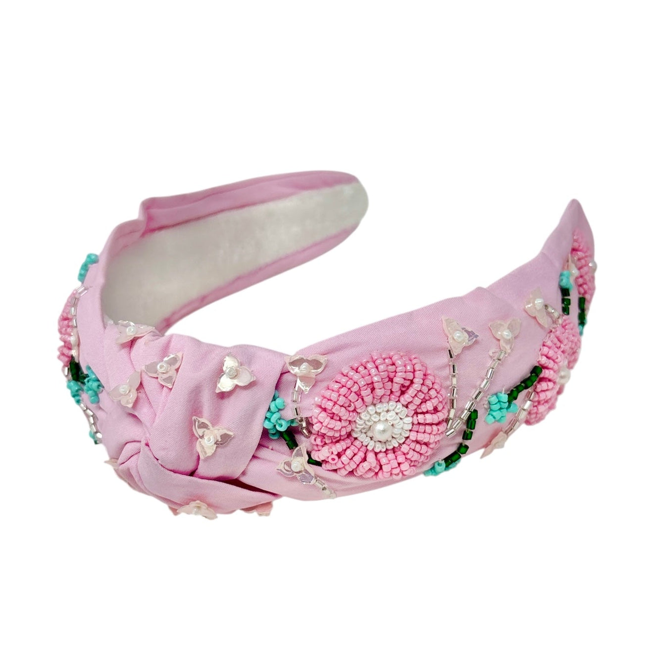 Miss Fleur Floral Knotted Headband Pink Green Print Padded Top Knot Anthro Style Wrapables Wide Knotted Headbands, Top Knot Headbands for  main image 2