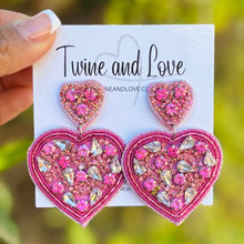 Load image into Gallery viewer, pink heart jeweled Earrings, pink valentines Earrings, Valentines Day Earrings, Valentines Beaded Earrings, Valentines Heart earrings, sweetheart  earrings, valentine’s day beaded earrings, dainty valentines beaded earrings, valentines beaded earrings, unique earrings, Valentine’s day earrings, tween girls accessories, Valentine’s day accessories, Best selling items, Valentines accessories, boho earrings, custom earrings, gifts for her, handmade gifts, unique valentines heart earrings