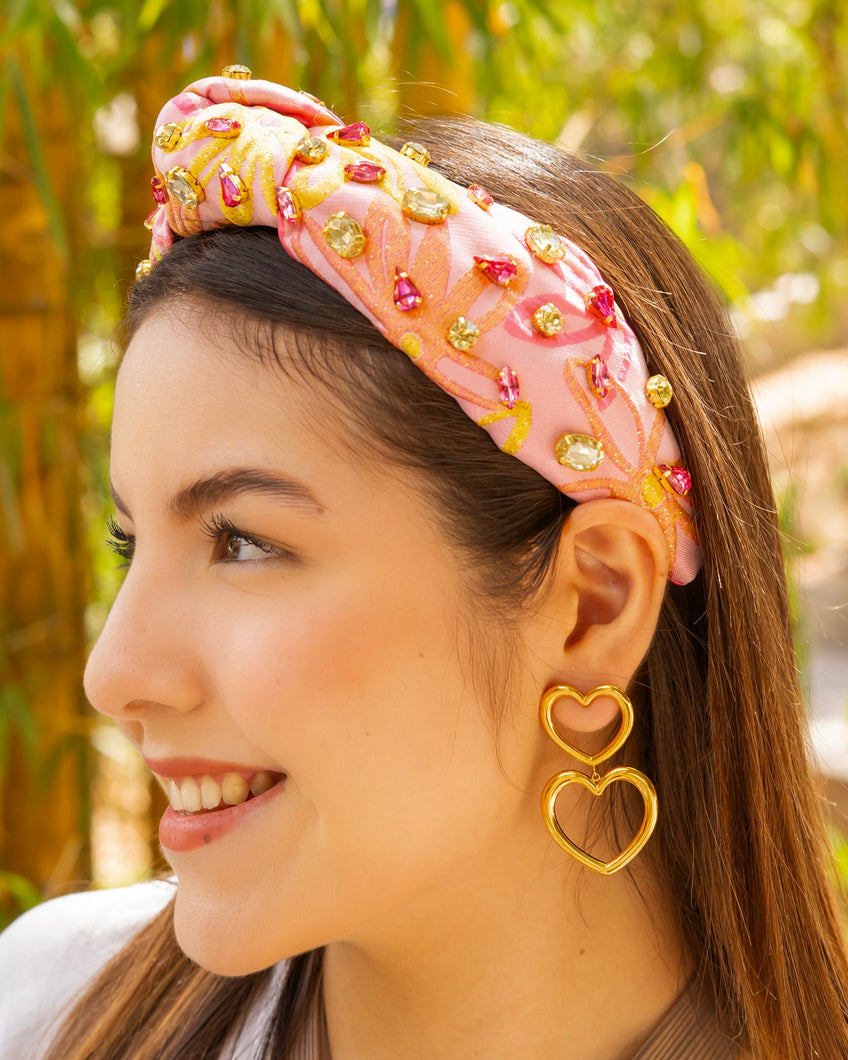 headband for women, tropical Knot headband, yellow pink headband, pink knot headband, top knot headband, pink yellow top knot headband, vacation top knot headband, resort hair band, summer knot headband, pink yellow color headband, handmade gifts, top knotted headband, knotted headband, party headbands, floral knot headband, tropical headbands, pink floral knot embellished headband, best selling items, luxury headband, custom headband, jeweled knot headband, Handmade headband, hand sewn headband