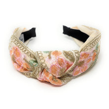 Load image into Gallery viewer, Embroidered headband with pink and orange floral patterns and green leaves on a cream background. Textured, elegant, and stylish accessory.