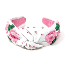 Load image into Gallery viewer, headband for women, Pink roses Knot headband, Kentucky Derby lover headband, Derby knotted headband, Kentucky Derby top knot headband, Garland of Roses top knotted headband, white knotted headband, Kentucky Derby hair band, beaded Roses knot headband, Pink Roses headband, statement headbands, top knotted headband, knotted headband, Kentucky lover gifts, Kentucky derby embellished headband, luxury headband, baseball fan gifts, jeweled knot headband, knot embellished headband
