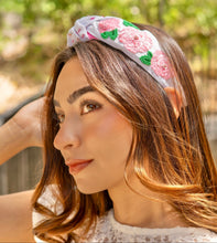 Load image into Gallery viewer, headband for women, Pink roses Knot headband, Kentucky Derby lover headband, Derby knotted headband, Kentucky Derby top knot headband, Garland of Roses top knotted headband, white knotted headband, Kentucky Derby hair band, beaded Roses knot headband, Pink Roses headband, statement headbands, top knotted headband, knotted headband, Kentucky lover gifts, Kentucky derby embellished headband, luxury headband, baseball fan gifts, jeweled knot headband, knot embellished headband
