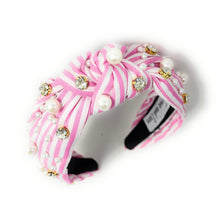 Load image into Gallery viewer, Pink and white striped headband with pearls and crystals on a white background
