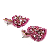 Load image into Gallery viewer, pink heart jeweled Earrings, pink valentines Earrings, Valentines Day Earrings, Valentines Beaded Earrings, Valentines Heart earrings, sweetheart  earrings, valentine’s day beaded earrings, dainty valentines beaded earrings, valentines beaded earrings, unique earrings, Valentine’s day earrings, tween girls accessories, Valentine’s day accessories, Best selling items, Valentines accessories, boho earrings, custom earrings, gifts for her, handmade gifts, unique valentines heart earrings