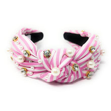 Load image into Gallery viewer, Pink and white striped headband with pearls and crystals on a white background