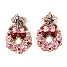 Load image into Gallery viewer, Christmas Beaded Earrings, Christmas wreath Earrings, Holiday Earrings, Pink Christmas wreath Beaded Earrings, Christmas earrings, Merry Christmas earrings, Holiday red earrings, pink Christmas  beaded earrings, Wreath Christmas accessories, Pink Christmas earrings, holiday earrings, wreath earrings, holiday gifts, holiday accessories, pink holiday beaded accessories, Holiday accessories, Holiday Christmas earrings, Pink Christmas gifts, best Selling items, Christmas earrings, Custom earrings
