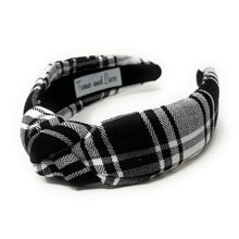 Load image into Gallery viewer, holiday Headband, holiday Knotted Headband, black plaid Knotted Headband, gray Plaid Hair Accessories, Plaid Headband, Best Seller, headbands for women, best selling items, knotted headband, hairbands for women, black plaid gifts, black white knot Headband, School hair accessories, school plaid headband, Plaid uniform headband, Statement headband, school uniform, school uniform knot headband, black Knotted headband, plaid headband, School Knot headband, plaid knot headband