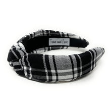 Load image into Gallery viewer, holiday Headband, holiday Knotted Headband, black plaid Knotted Headband, gray Plaid Hair Accessories, Plaid Headband, Best Seller, headbands for women, best selling items, knotted headband, hairbands for women, black plaid gifts, black white knot Headband, School hair accessories, school plaid headband, Plaid uniform headband, Statement headband, school uniform, school uniform knot headband, black Knotted headband, plaid headband, School Knot headband, plaid knot headband