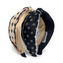 Load image into Gallery viewer, two polka dot headbands in beige, black, and white on a white background