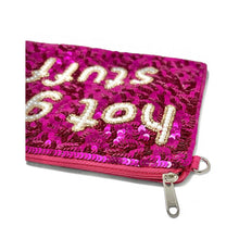 Load image into Gallery viewer, Statement pink zip pouch adorned with shimmering sequins and pearl lettering reading “hot girl stuff.”