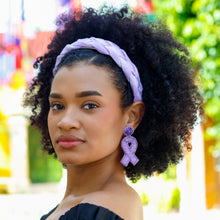 Load image into Gallery viewer, Handcrafted purple ribbon statement earrings adorned with crystals and seed beads, symbolizing awareness, support, and hope.