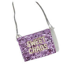 Load image into Gallery viewer, Purple sequin zip pouch with beaded Sweet Chaos text, combining playful style with eye-catching sparkle.