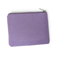 Load image into Gallery viewer, A lavender purple zippered pouch with a textured fabric exterior, shown on a plain white background.