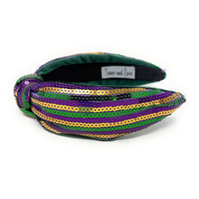 Load image into Gallery viewer, Decorative headband with purple, gold, and green sequins on a white background