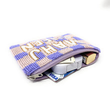 Load image into Gallery viewer, Beaded mahjong-themed coin purse in lavender and ivory checks with a secure zip top and statement typography.