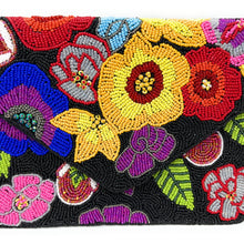 Load image into Gallery viewer, Colorful flower purse with intricate beadwork, bold botanical motifs, and a black envelope-style design.