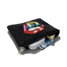 Load image into Gallery viewer, Rainbow tongue hand beaded small pouch with colorful beadwork, black background and zip-top closure by Twine and Love.