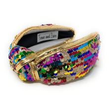 Load image into Gallery viewer, headband for women, summer Knot headband, multicolor sequin headband, Summer knotted headband, Multicolor top knot headband, multi color top knotted headband, multicolor knotted headband, Bright knot headband, Sequin hair band, sequin knot headbands, rainbow sequin knot headband, statement headbands, top knotted headband, Multicolor accessories, embellished headband, best selling items, luxury headband, embellished knot headband, multicolor knotted headband, summer knot headband