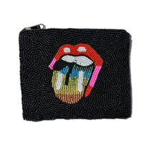 Load image into Gallery viewer, A black beaded zippered pouch featuring the iconic Rolling Stones tongue-and-lips logo in multicolor beads on the front, set against a plain white background.