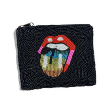 Load image into Gallery viewer, Rainbow tongue hand beaded small pouch with colorful beadwork, black background and zip-top closure by Twine and Love.