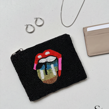 Load image into Gallery viewer, Colorful rainbow tongue motif with pink, blue, green, red, white and gold beadwork on a black pouch.