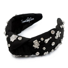 Load image into Gallery viewer, custom realtor headband, jeweled headband, real estate top knot headband, realtor knot headband, realtor jeweled headband, handmade headband, custom headband, bejeweled accessories, black hair accessories, embellished earrings, custom earrings, real estate agent gifts, birthday gifts, bohemian headband, luxurious handmade accessories, party earrings, real state broker gifts, real estate agent headband, rhinestone headband, embellished headband, party headband, statement headband, best selling items