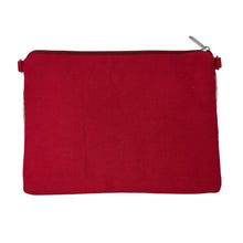 Load image into Gallery viewer, cherry beaded wallet featuring red fruit design on pastel striped background