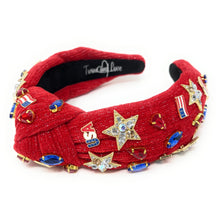 Load image into Gallery viewer, Americana Jeweled Headband, Patriotic Knotted Headband, Star Knotted Headband, Americana Hair Accessories, Red White Headband, Best Seller, headbands for women, best selling items, knotted headband, hairbands for women, hair accessories, Independence day gifts, Independence day Headband, Memorial day hair accessories, American headband, USA flag headband, Fourth of July headband, Fourth of July gifts, red white headband, star knot headband, Jeweled headband, USA Jeweled headband, USA Headband