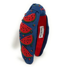 Load image into Gallery viewer, Blue denim knot headbands decorated with bright red watermelon bead embroidery and colorful seed bead accents.
