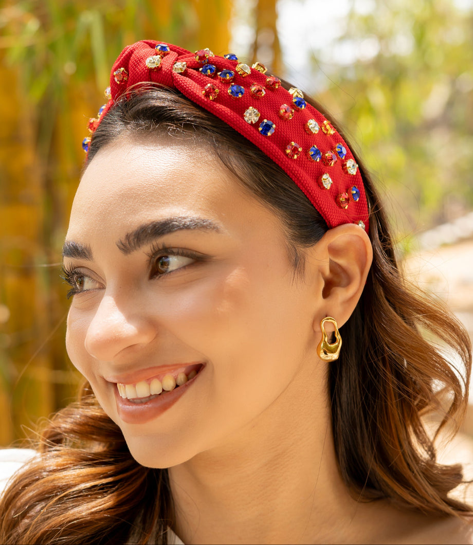 Americana Jeweled Headband, Patriotic Knotted Headband, Star Knotted Headband, Americana Hair Accessories, Red White Headband, Best Seller, headbands for women, best selling items, knotted headband, hairbands for women, hair accessories, Independence day gifts, Independence day Headband, Memorial day hair accessories, American headband, USA flag headband, Fourth of July headband, Fourth of July gifts, red white headband, star knot headband, Jeweled headband, USA Jeweled headband, USA Headband