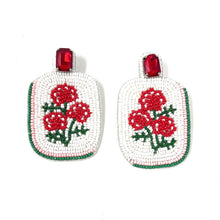 Load image into Gallery viewer, Hand beaded mahjong earrings with red flowers and white background design