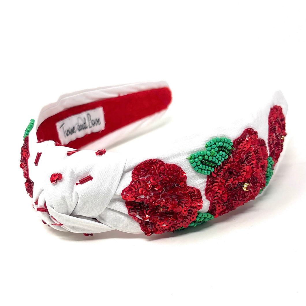 headband for women, red roses Knot headband, Kentucky Derby lover headband, Derby knotted headband, Kentucky Derby top knot headband, Garland of Roses top knotted headband, white knotted headband, Kentucky Derby hair band, beaded Roses knot headband, red Roses headband, statement headbands, top knotted headband, knotted headband, Kentucky lover gifts, Kentucky derby embellished headband, luxury headband, baseball fan gifts, jeweled knot headband, knot embellished headband
