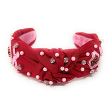 Load image into Gallery viewer, VALENTINES&#39;s day Jeweled Headband, Valentine’s Day Headband, XOXO Jeweled Knot Headband, Jeweled Knot Headbands, Valentines Day Knotted Headband, best selling headband, Valentine’s day gift for her, headbands for women, best selling items, knotted headbands, vday headband, red knot headband, valentine headband, valentines headband, valentines day gifts, embellished headband, Red Valentines day headband, XOXO Top knot headband, handmade headband, heart sequin knot headband, custom headband