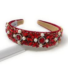 Load image into Gallery viewer, Elegant red headband adorned with intricate red crystals, pearls, and gold accents, conveying a luxurious and sophisticated tone.